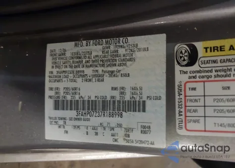 2007 Ford Fusion Se из США, поврежденный, VIN 3FAHP07Z37R188998